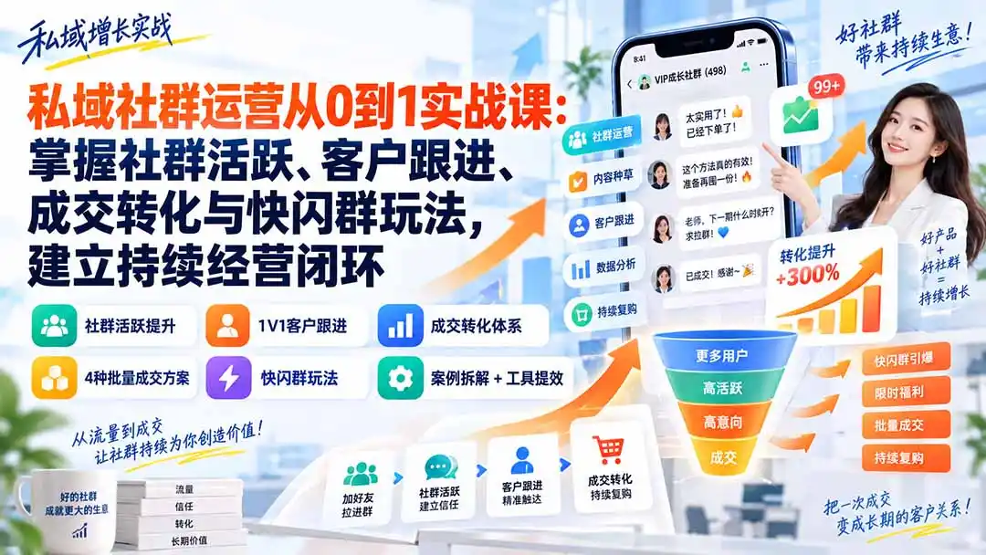 私域社群运营从0到1实战课:掌握社群活跃、客户跟进、成交转化与快闪群玩法,建立持续经营闭环- 0成本轻资产创业 | 虚拟项目 | 一人公司落地平台|清创生财清风筹谋网赚库