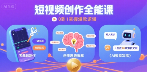 短视频创作课，短视频制作、创作思路、Ai写爆款文案-优优云网创优优云网创资源站