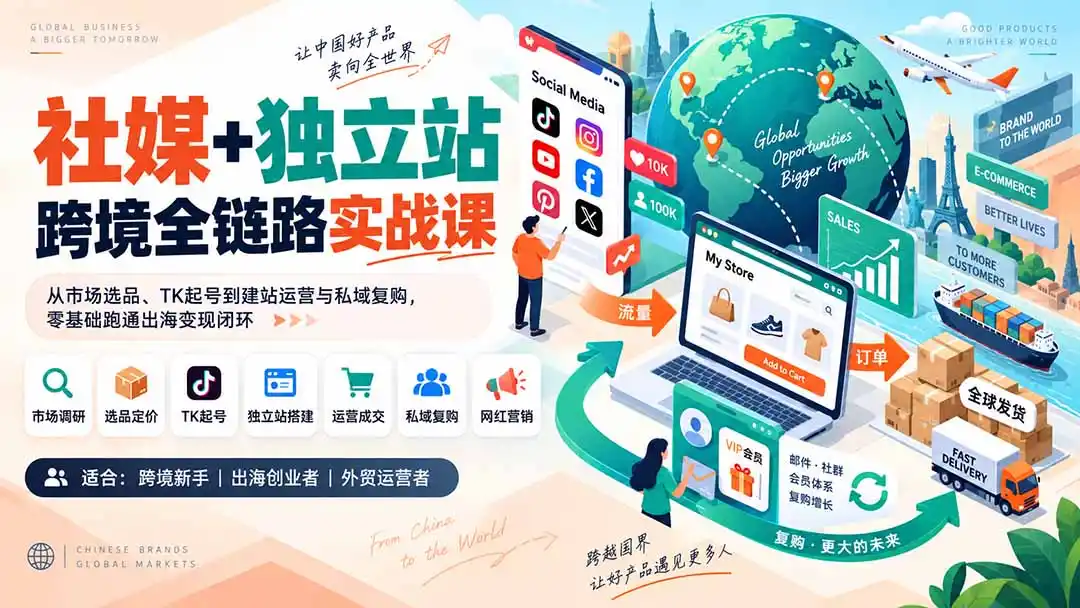 社媒+独立站跨境全链路实战课:从市场选品、TK起号到建站运营与私域复购,零基础跑通出海变现闭环- 0成本轻资产创业 | 虚拟项目 | 一人公司落地平台|清创生财清风筹谋网赚库
