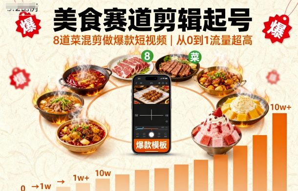 美食赛道剪辑起号，8道菜混剪做爆款短视频，从0到1，流量超高-优优云网创优优云网创资源站