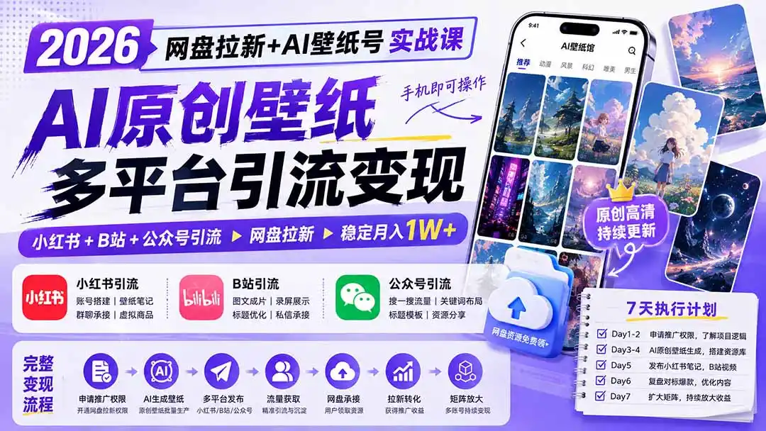 2026网盘拉新+AI壁纸号实战课:AI原创壁纸+小红书+B站+公众号引流,手机即可操作,月入1W+- 0成本轻资产创业 | 虚拟项目 | 一人公司落地平台|清创生财清风筹谋网赚库