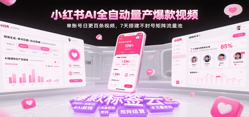 小红书AI全自动量产爆款视频，单账号日更百条视频，7天搭建不封号矩阵流量池-优优云网创优优云网创资源站