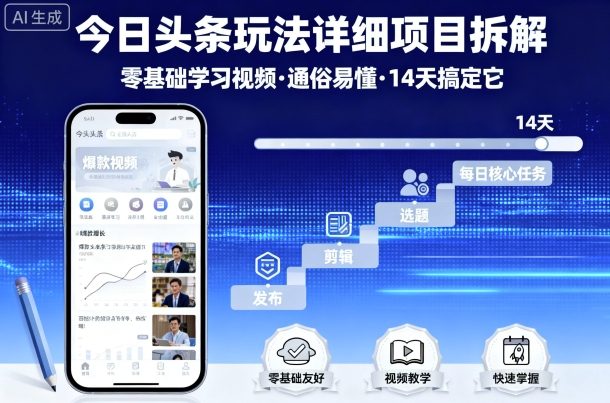 今日头条玩法详细项目拆解，零基础学习视频 通俗易懂 14天搞定它-优优云网创优优云网创资源站