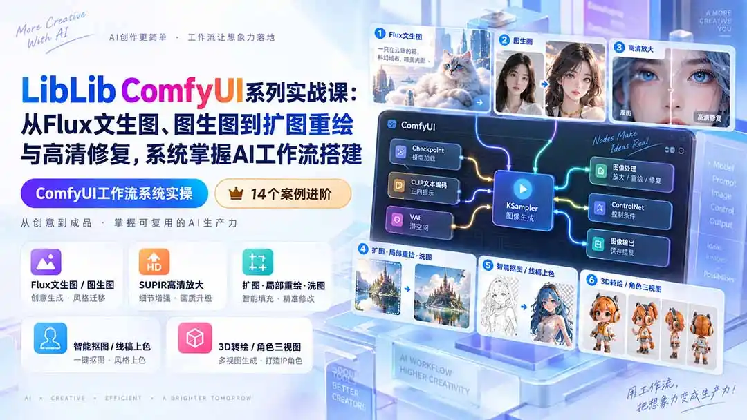 LibLib ComfyUI系列实战课:从Flux文生图、图生图到扩图重绘与高清修复,系统掌握AI工作流搭建- 0成本轻资产创业 | 虚拟项目 | 一人公司落地平台|清创生财清风筹谋网赚库