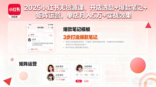 2025小红书无货源课，开店选品+爆款笔记+矩阵运营，单店月入5万+实战效果-优优云网创优优云网创资源站