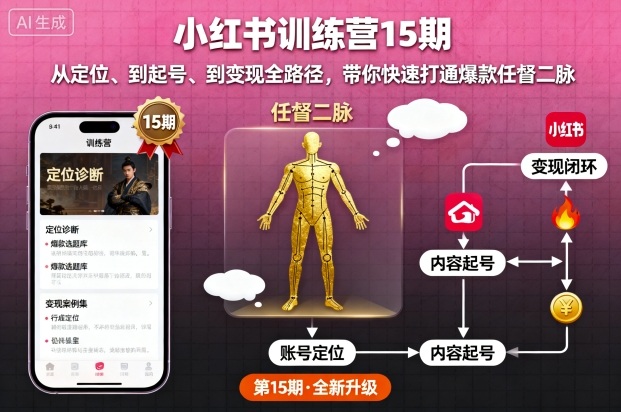 小红书训练营15期，从定位、到起号、到变现全路径，带你快速打通爆款任督二脉-优优云网创优优云网创资源站