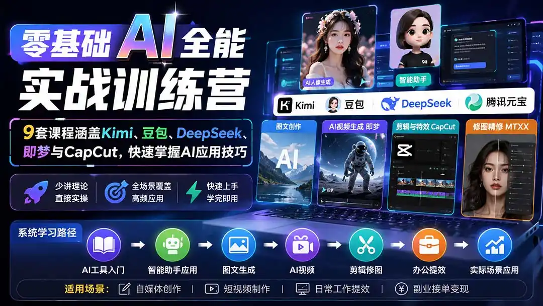 零基础AI全能实战训练营:9套课程涵盖Kimi、豆包、DeepSeek、即梦与CapCut,快速掌握AI应用技巧- 0成本轻资产创业 | 虚拟项目 | 一人公司落地平台|清创生财清风筹谋网赚库